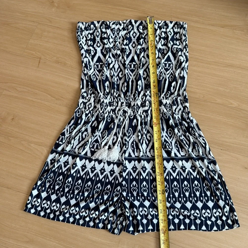 STRAPLESS TRIBAL PRINT NAVY WHITE ROMPER TIE WAIST SIZE L/XL